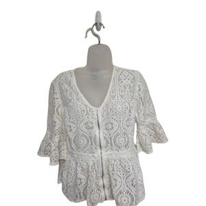Chico's Black Label Lace Peplum Top Bell Sleeve Zip Front Ivory Size‎ 8